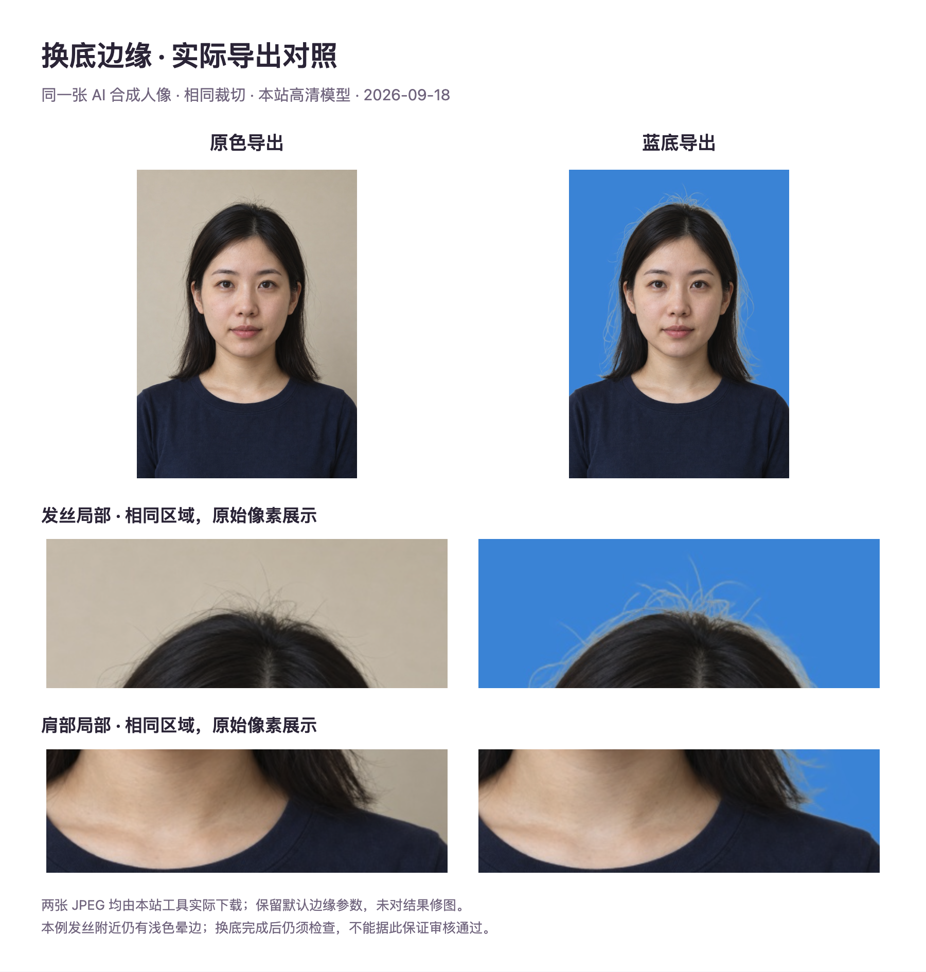 实际导出的原色与蓝底照片对照,含相同位置的发丝和肩部局部;蓝底图中发丝附近仍可见浅色晕边