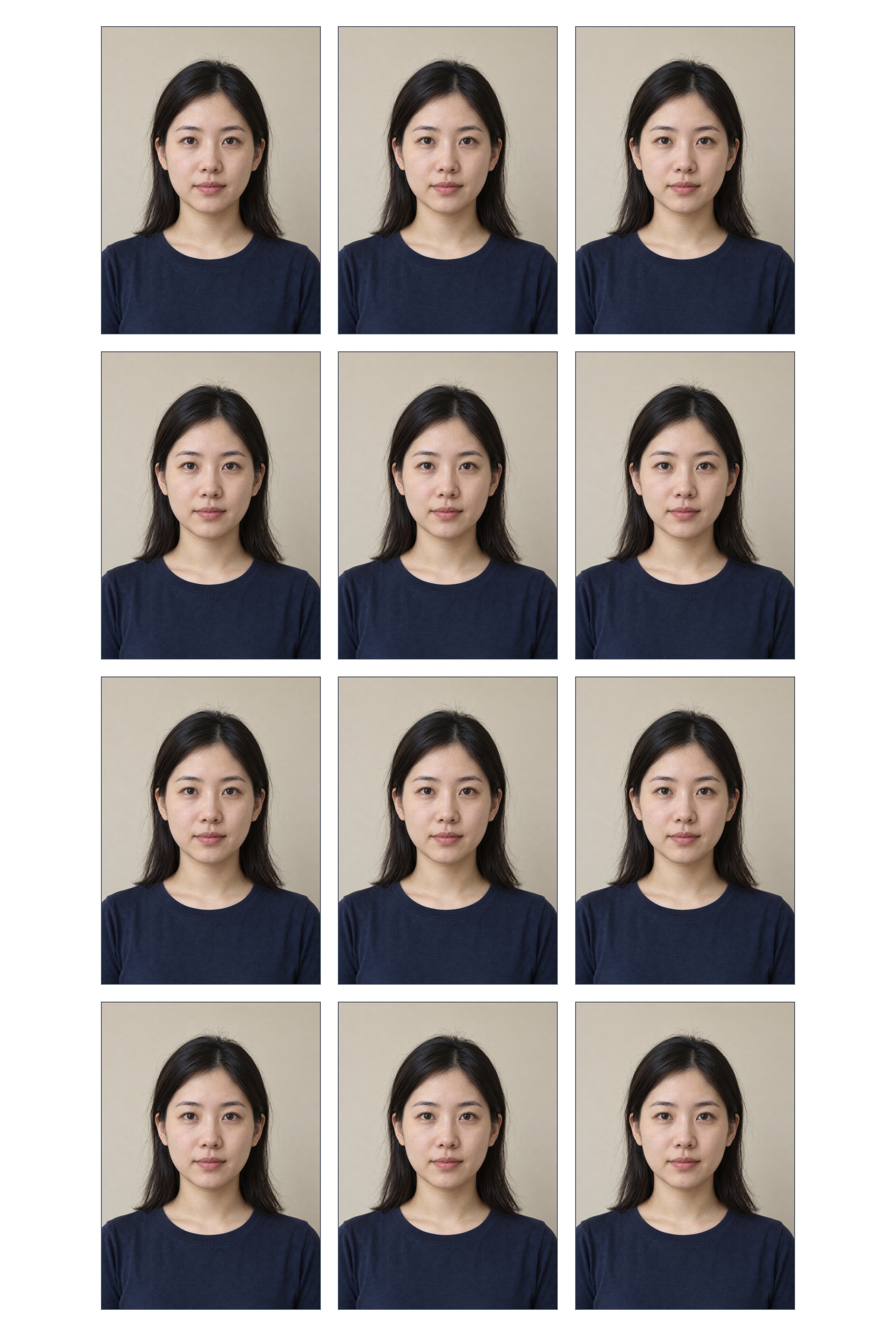 RainNear 实际导出的竖版六寸 JPEG:三列四行共十二张一寸照,2409×3591 像素,600 DPI,人物为 AI 合成样本